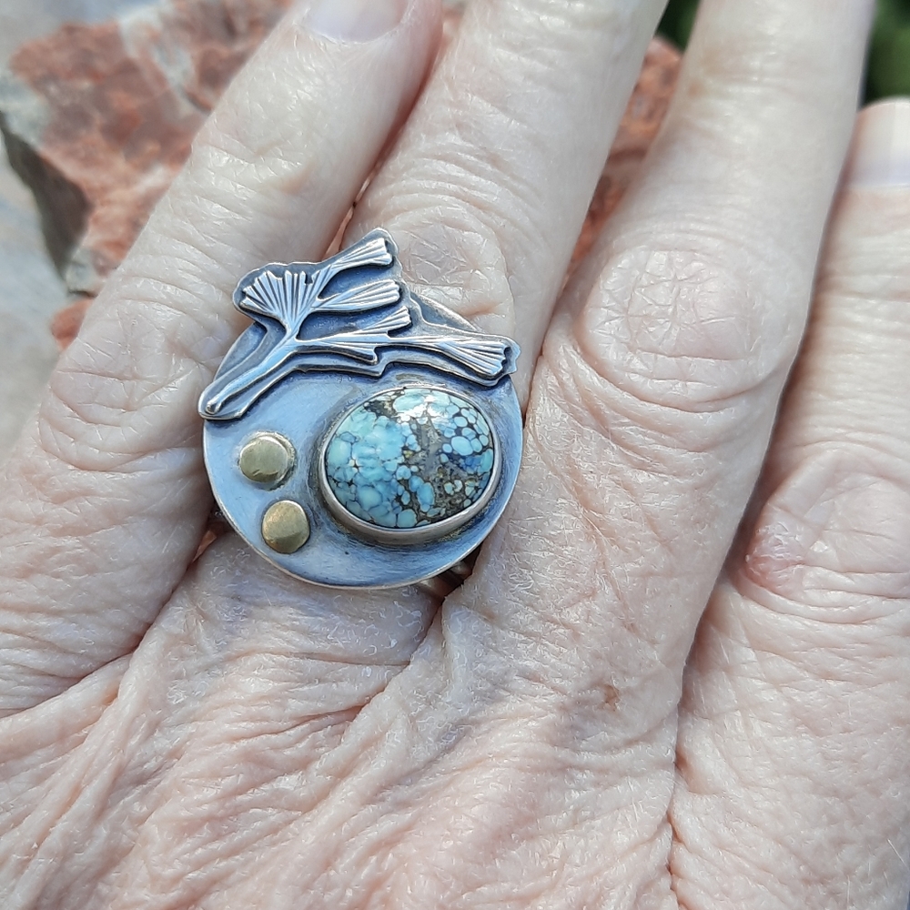 Silver and Turquoise Stone Ring With Gold Accent - Picture 4 of 5
